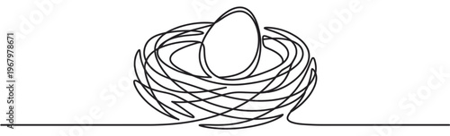 Single continuous line drawing of a bird's nest with one egg inside, illustrating simplicity and new beginnings