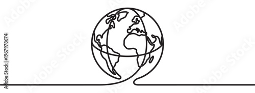 Minimalist black line drawing of the Earth globe with continents and meridians, created in a continuous single line style