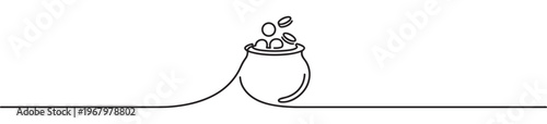 Simple continuous line drawing depicts a pot of gold with coins falling into it, rendered in a minimalist black and white style