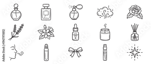 Collection of hand-drawn black and white line art icons representing various perfume, aroma, and beauty products