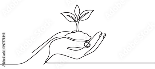 Single continuous line drawing of a hand holding a small plant with three leaves, symbolizing growth and care