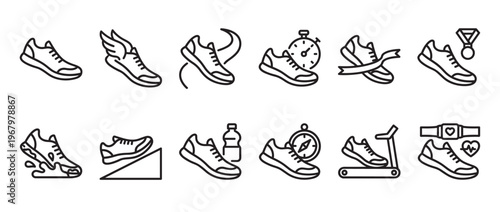 Collection of black outline running shoe icons depicting various aspects of fitness, speed, and athletic activity