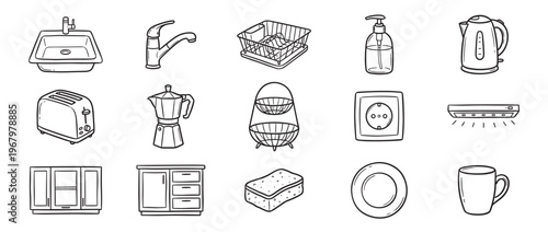 Collection of hand-drawn kitchen appliances and utensils, including a sink, faucet, toaster, and coffee maker, presented in a clean, illustrative style