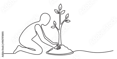 Person planting a tree, depicted in a continuous line art style, symbolizing growth and environmental care