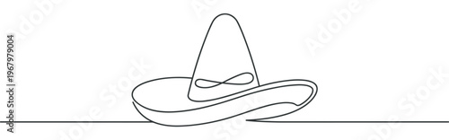 Simple one-line drawing of a traditional Mexican sombrero, featuring a wide brim and a tall crown, rendered in a minimalist artistic style