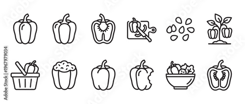 Collection of black outline bell pepper icons depicting various stages from whole to chopped and seeds