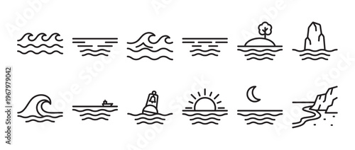 Collection of simple black line art icons depicting various water and sea elements, presented clearly