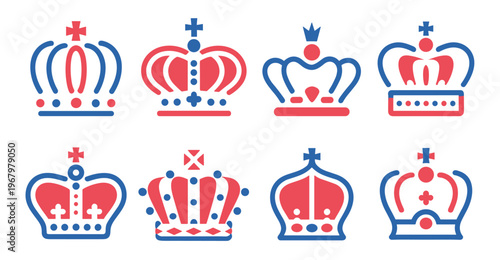 Set of eight stylized royal crowns in red and blue colors featuring various shapes and cross finials arranged in two rows on a white background