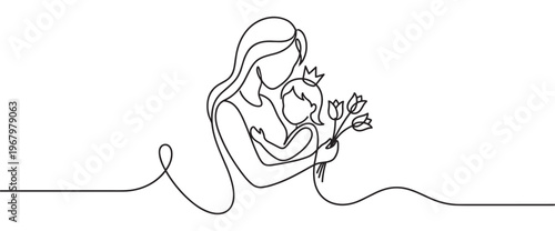 Beautiful continuous line art drawing of a mother holding her child, who wears a crown and holds flowers