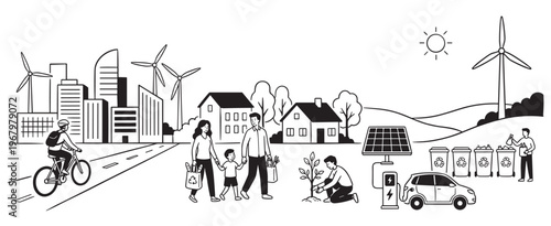 Detailed black and white illustration depicts a sustainable city with wind turbines, solar panels, and people engaging in eco-friendly activities