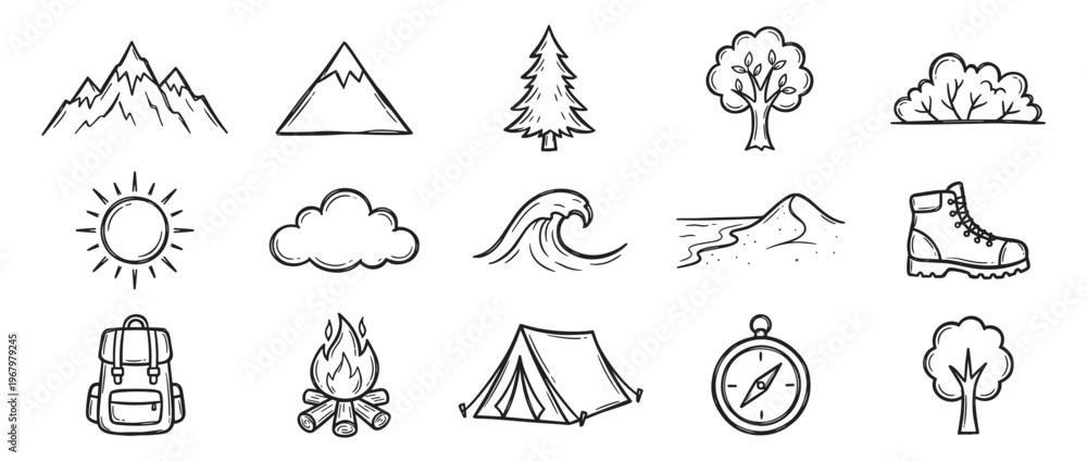 Fototapeta premium Collection of hand-drawn outdoor and camping icons, including mountains, trees, sun, cloud, wave, desert, boot, backpack, campfire, tent, and compass, rendered in a charming doodle style