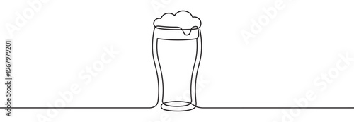 Single continuous line drawing of a tall beer glass with a frothy head, creating a minimalist and artistic illustration