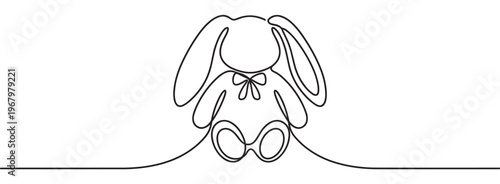 Simple continuous line drawing of a cute plush bunny toy with a bow tie, rendered in a minimalist artistic style