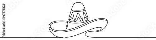 Single continuous line drawing of a traditional Mexican sombrero hat with a wide brim and decorative band