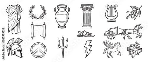 Various hand-drawn ancient Greek and Roman symbols, including a toga, laurel wreath, amphora, column, lyre, olive branch, scroll, helmet, shield, trident, lightning bolt, chariot, Pegasus,