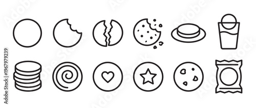 Collection of simple line art cookie icons showing various states and forms of cookies and related items