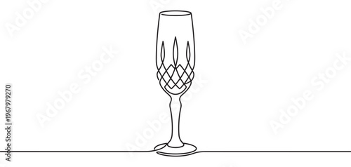 Single continuous line drawing of an elegant champagne flute with decorative patterns, showcasing a minimalist and artistic style