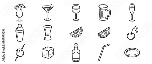 Collection of hand-drawn black and white cocktail and bar accessories icons with various drinkware and garnishes