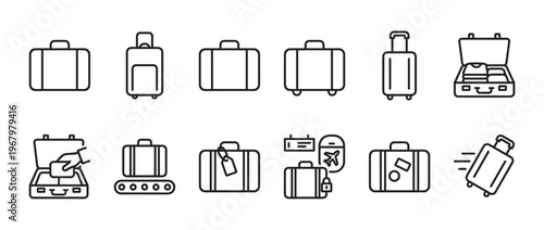 Collection of various travel luggage and suitcase line icons, depicting different aspects of packing and transportation