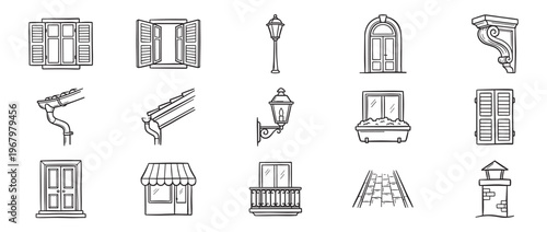 Collection of hand-drawn architectural elements, including windows, doors, streetlights, and gutters, presented in a simple black and white outline style