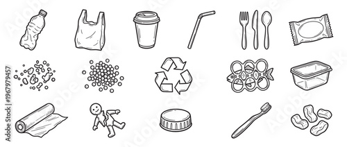 Hand-drawn black and white illustration of various plastic waste items, including bottles, bags, and microplastics, arranged neatly