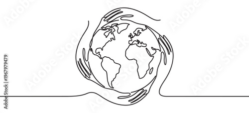 Continuous line drawing of hands holding the planet Earth, symbolizing global care and environmental protection