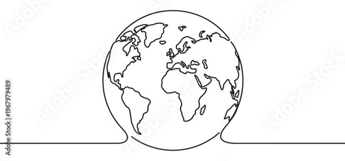 Continuous line drawing of a simple black outline globe showing continents, representing global connection and unity