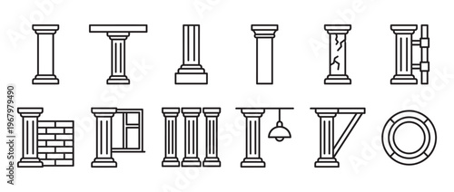 Diverse collection of twelve black outline column icons, depicting various architectural styles and structural elements, presented with clean lines and simple forms