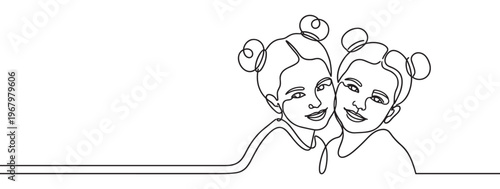 Two smiling young girls with hair buns are depicted in a continuous line art drawing, showcasing friendship and connection