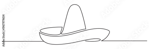 Simple black line drawing of a traditional Mexican sombrero hat with a tall crown and wide brim, rendered in a continuous single stroke
