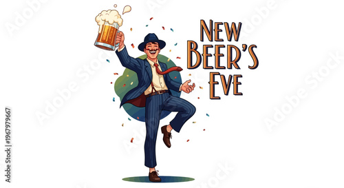 Illustration of a cheerful man in a blue suit holding a beer mug on New Beer's Eve with confetti and colorful decorations.