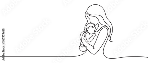 Continuous line drawing of a mother holding her baby, depicting a tender moment of maternal love and care