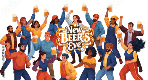 Illustration of diverse people celebrating New Beer's Eve with beer glasses in a festive atmosphere.