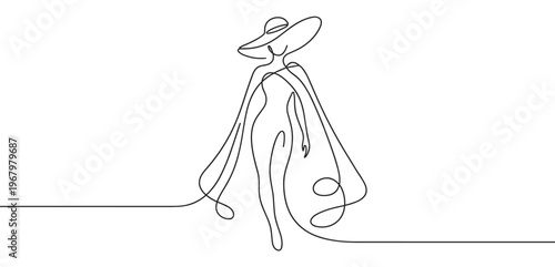 Elegant continuous line drawing of a fashionable woman wearing a wide-brimmed hat and flowing cape, exuding grace