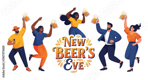 Illustration of diverse people celebrating New Beer's Eve with beer glasses in a festive atmosphere with colorful vector design.