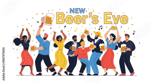 Illustration of a diverse group of friends celebrating New Beer's Eve with raised beer glasses and bottles in a festive atmosphere with confetti and musical notes.
