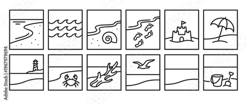 Collection of twelve simple black outline beach and sea-themed icons, including sand, waves, seashells, footprints, and a sandcastle