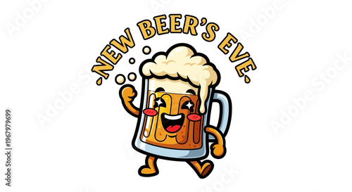 A cheerful cartoon beer mug with a face and foam top celebrates New Beer's Eve in a playful illustration with a festive mood.