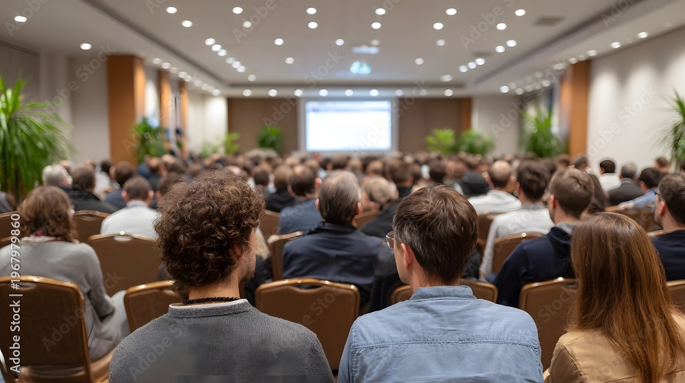 Fototapeta premium A large audience is seated in a conference hall attentively observing a presentation displayed on a large screen