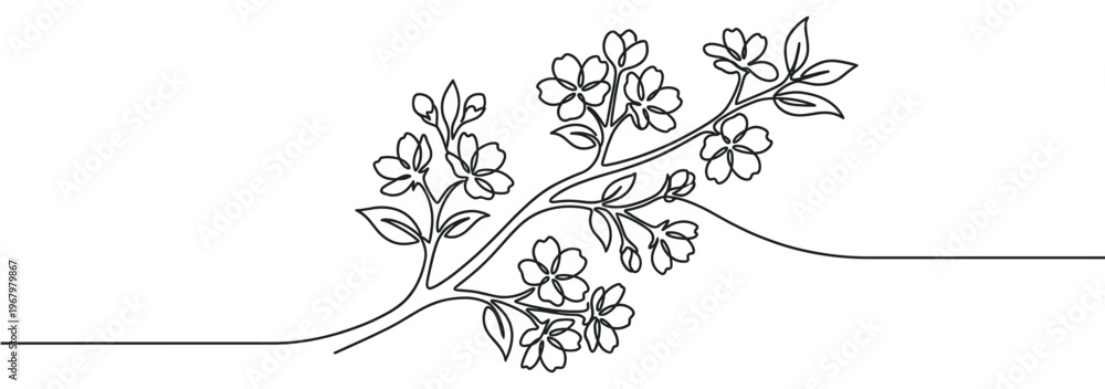 Fototapeta premium Beautiful continuous line drawing of a blooming cherry blossom branch with delicate flowers and leaves, creating an elegant floral design