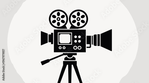 A vintage cinema film camera icon representing professional movie production on a tripod stand isolated on a clean background for motion picture filmmaking media broadcasting cinematography video edit