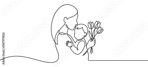 Continuous line drawing of a loving mother holding her baby and a bouquet of tulips, depicting tenderness and care
