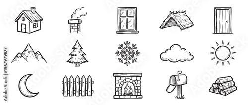 Collection of hand-drawn black and white doodle icons featuring various house elements and nature symbols, rendered in a charming, rustic style