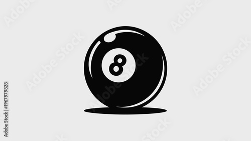 A high contrast minimalist flat vector illustration of a black eight ball isolated on a light background representing luck, billiards, gaming, fortune telling, decision making, snooker, and sports lei