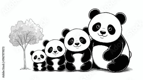 A happy panda family of four bears standing together beside a whimsical tree in a charming monochrome ink illustration, representing love, parenthood, unity, wildlife conservation and gentle nature jo