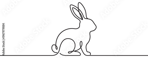 Simple continuous line drawing of a sitting rabbit with long ears, depicted in a minimalist black and white vector illustration