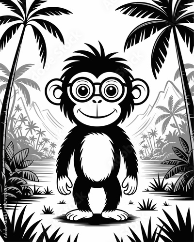 Cute cartoon monkey wearing glasses standing in a tropical island jungle landscape, vector-style illustration featuring palm trees, mountains, and dense exotic foliage, ideal for children education pr