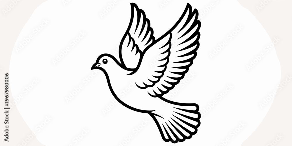 Fototapeta premium Minimalist white dove flying in midair on a clean white background, symbolic of peace, freedom, spirit, hope, and love. Elegant black outline bird illustration for religious, spiritual, or memorial ar