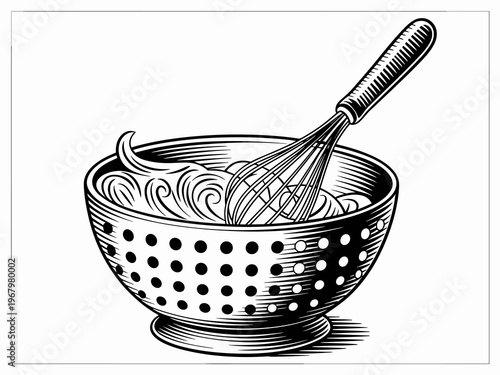 Vintage style engraving illustration of a metal colander bowl with a wire whisk inside and swirled batter mixture for baking cooking preparation in a professional kitchen culinary art graphic design a