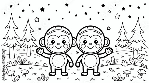 Cute cartoon monkey twins waving hello in a magical forest landscape with pine trees and starry night sky background, simple black and white line art illustration for children coloring pages and fun c